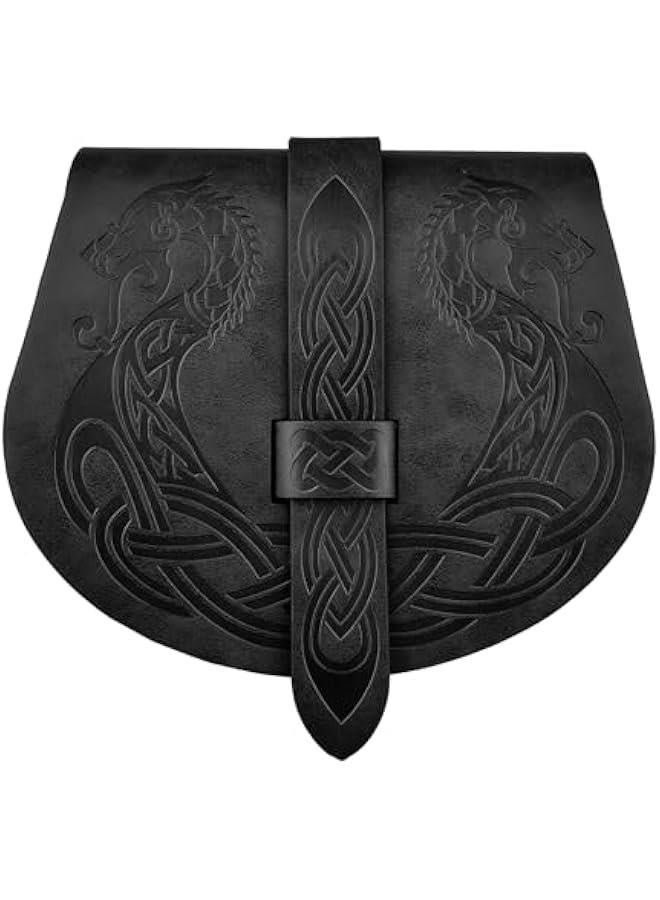 Viking Embossed Langskip Belt Pouch, Medieval Faux Leather Flap Saddle Side Bag Purses, Retro Portable Belt Bag (Black A) - Image 2