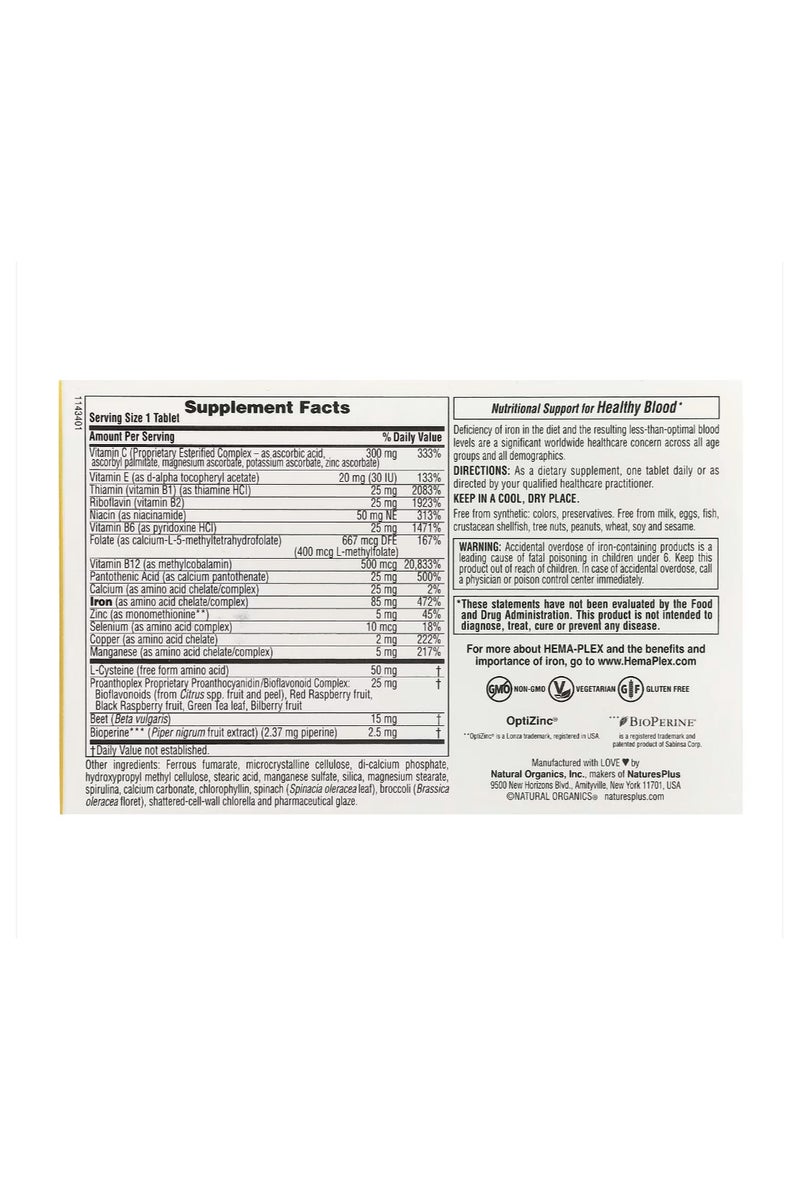NaturesPlus Hema-Plex Iron 30 Slow-Release Tablets - Image 2