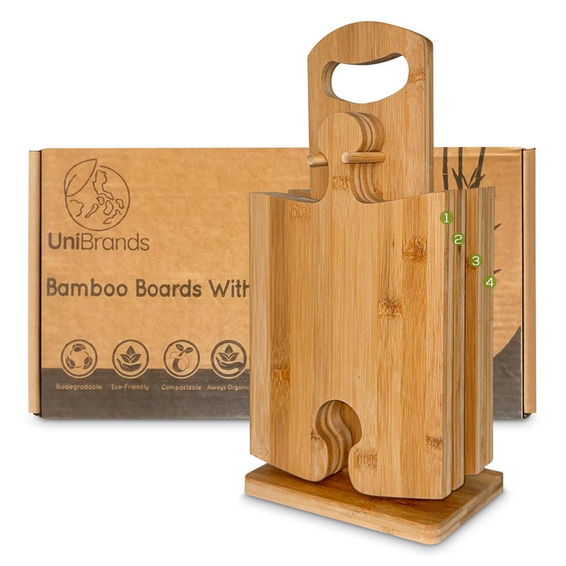 UniBrands 4pcs Bamboo Cutting Board Set with Stand | Natural Eco-Friendly Cutting Boards for Kitchen, Charcuterie Boards, Wooden Chopping Boards, Serving Tray, Wood Cutting Boards | Cocina - Image 1