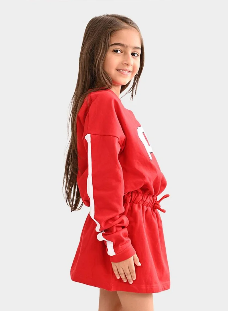 Bonkids Regular Fit Printed Red Cotton Dresses For Girls Round Neck Flat Collar Pull On 100 % Cotton