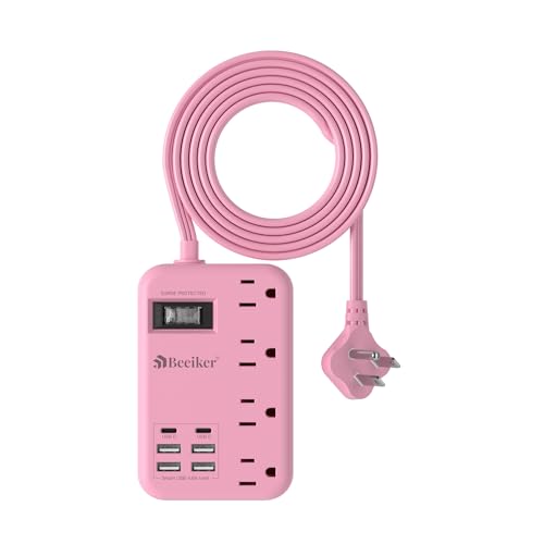 Beeiker 6 USB(2 USB C) Pink Extension Cord- 5Ft Travel Power Strip with 24W USB Charging Station and 4 Outlets, Pink Desk Accessories with Surge Protector for Cute Kawaii Gifts College Dorm Desk - Image 1