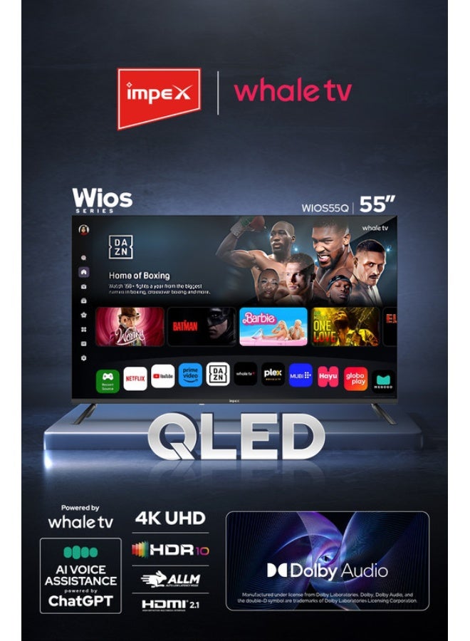 إمبكس تلفاز ذكي QLED UHD بحجم 55 بوصة (Wios55Q) بنظام Whale | تلفاز بدقة 4K | مساعد صوتي AI من ChatGPT | ضمان لمدة سنتين | 8GB تخزين، 1.5GB RAM | نتفليكس، برايم، يوتيوب | HDMI x2 | USB x2 | 110W طاقة | مدخلات RJ45 و AV - Image 3