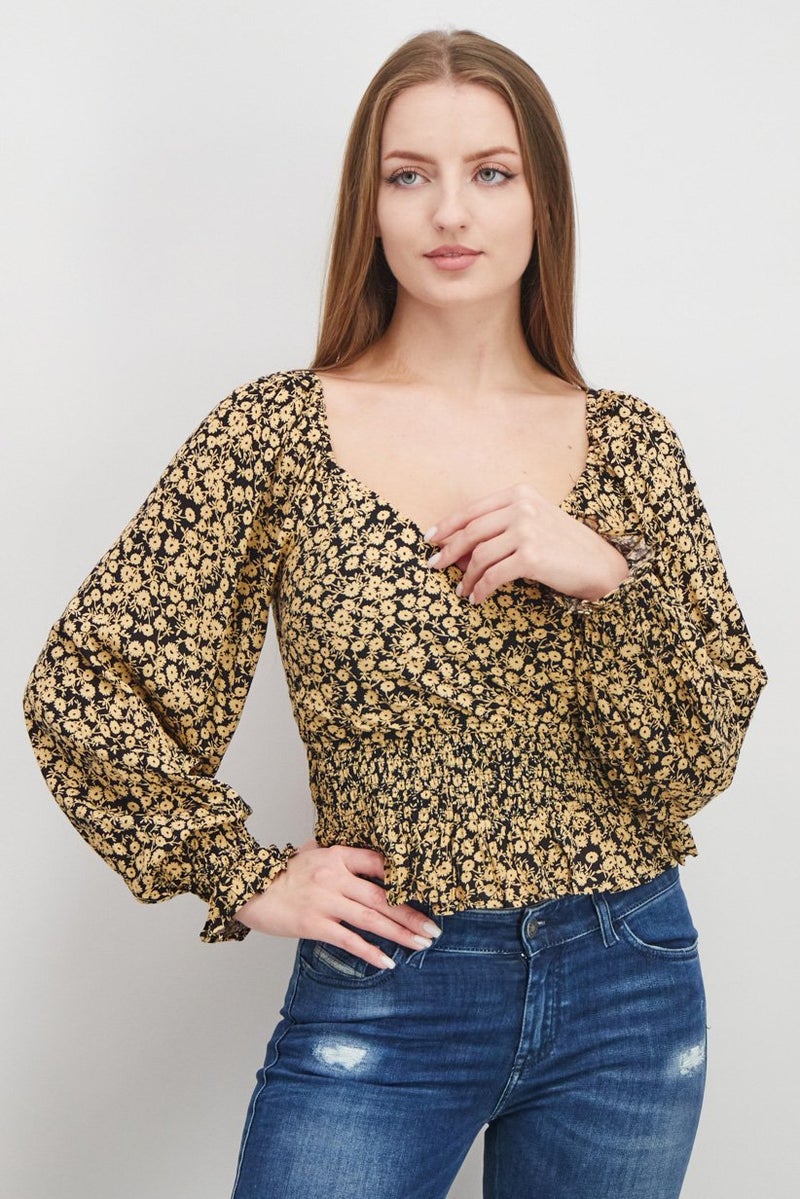 Lost + Wander Women Y Neckline Floral Print Long Sleeve Cropped Top, Multicolor - Image 1