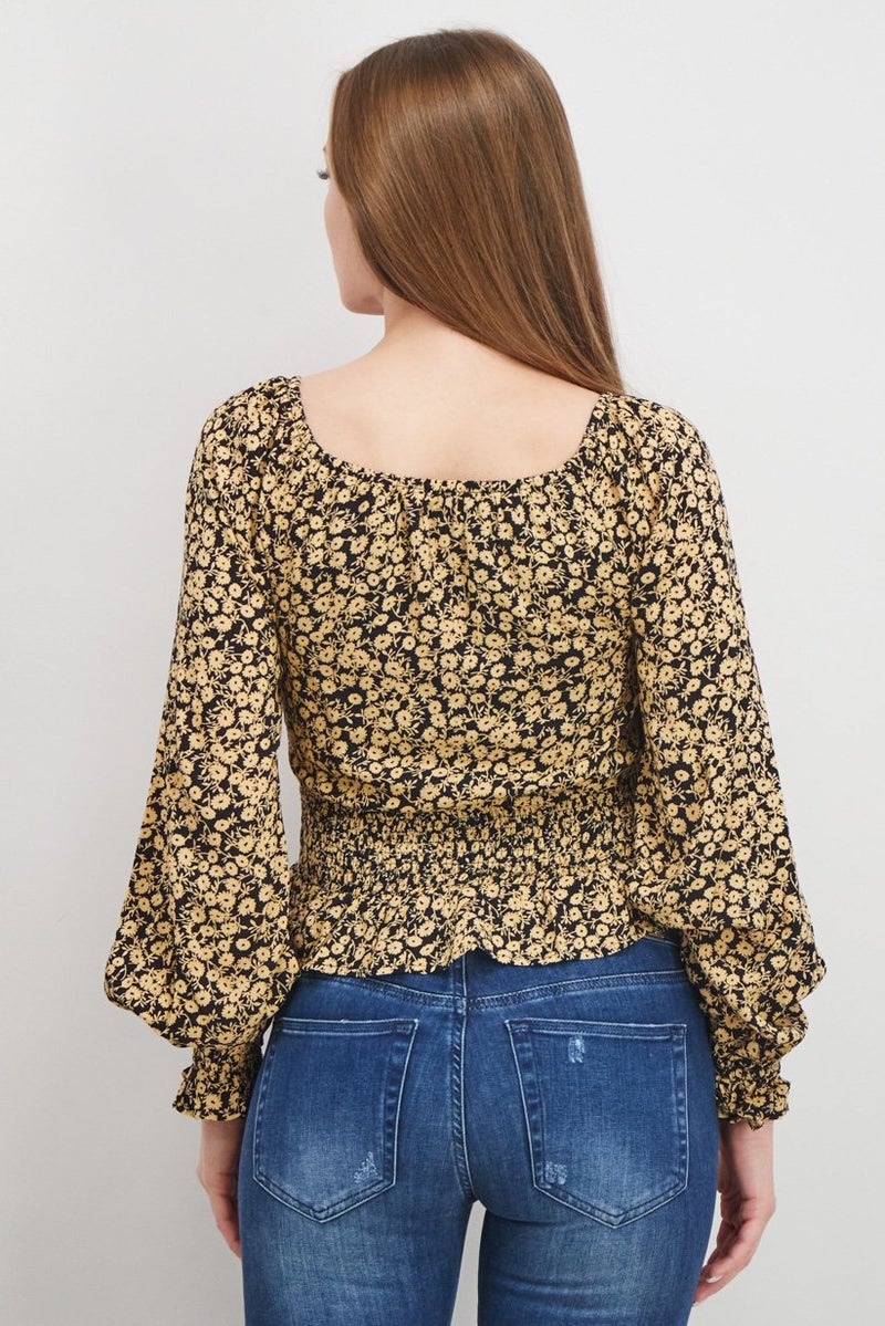 Lost + Wander Women Y Neckline Floral Print Long Sleeve Cropped Top, Multicolor - Image 3