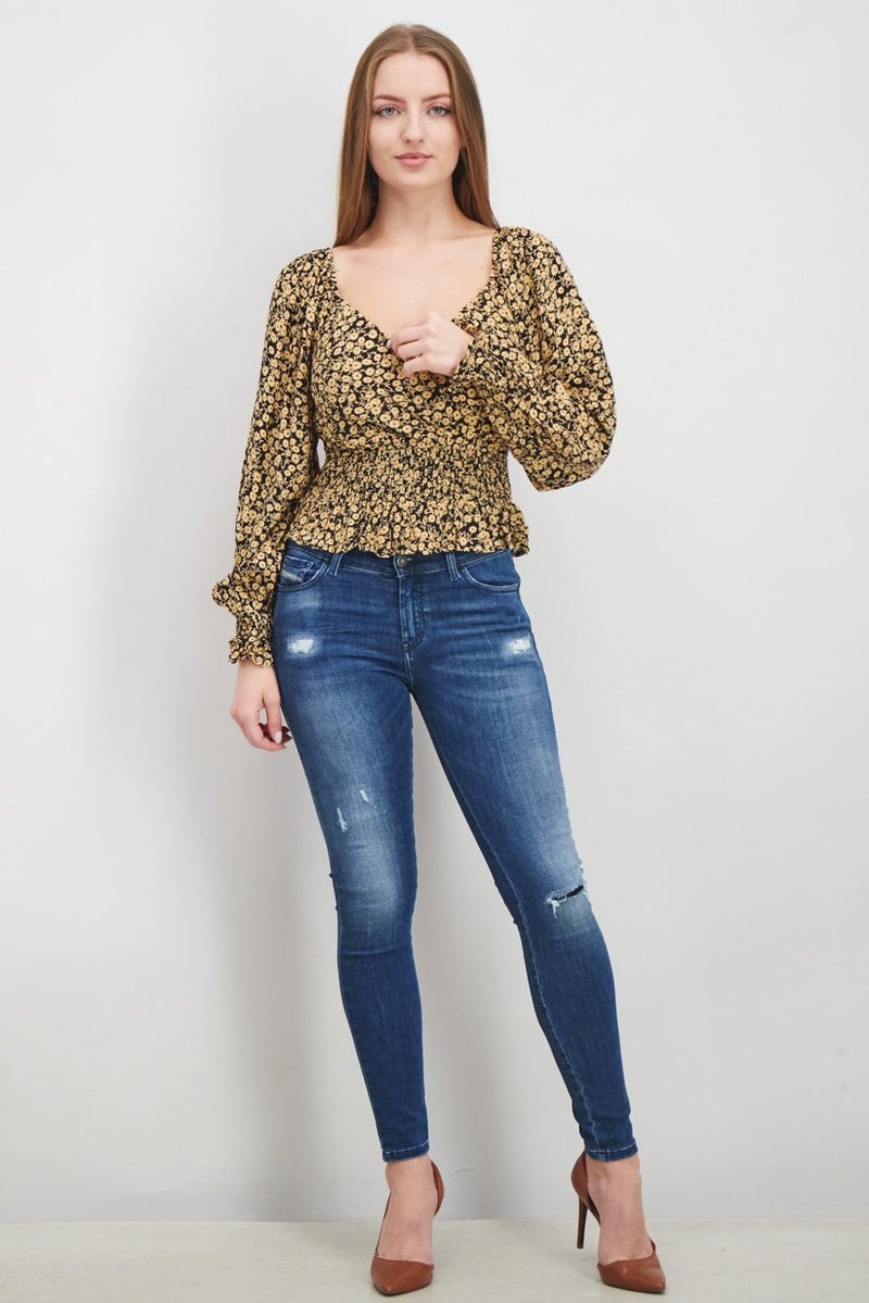 Lost + Wander Women Y Neckline Floral Print Long Sleeve Cropped Top, Multicolor - Image 2