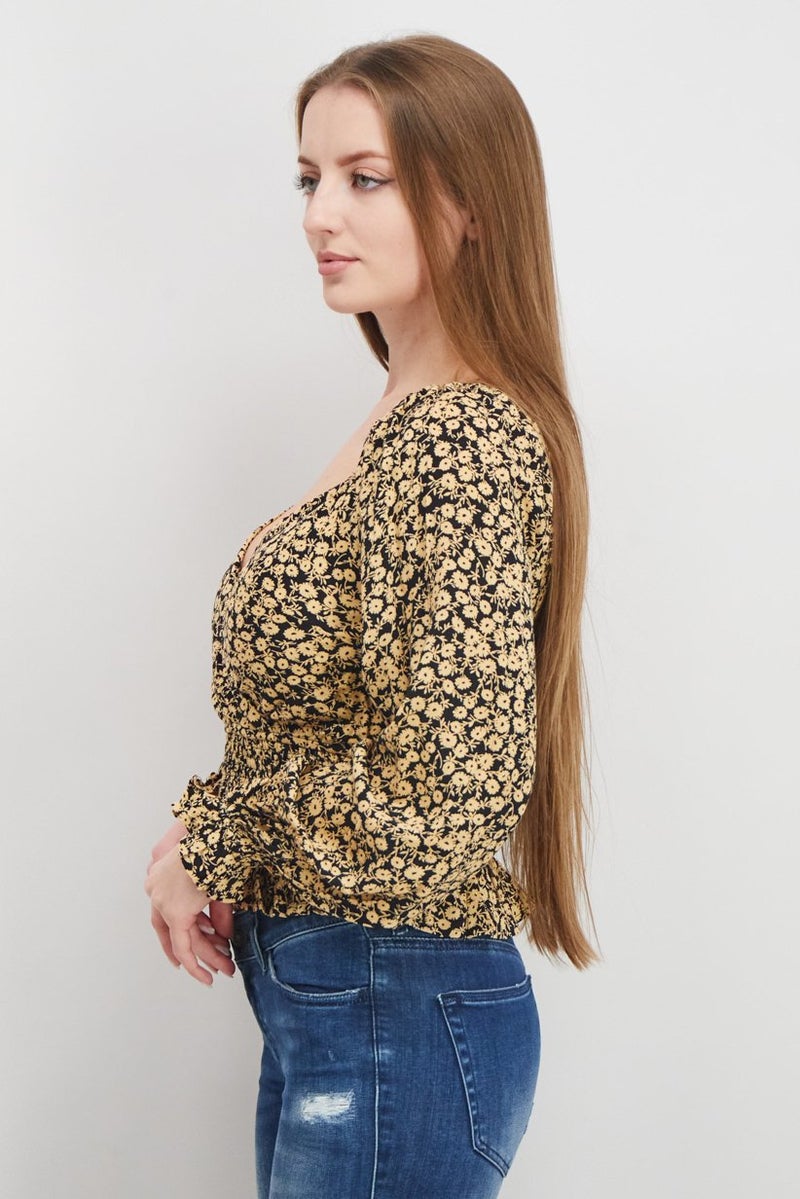 Lost + Wander Women Y Neckline Floral Print Long Sleeve Cropped Top, Multicolor - Image 4