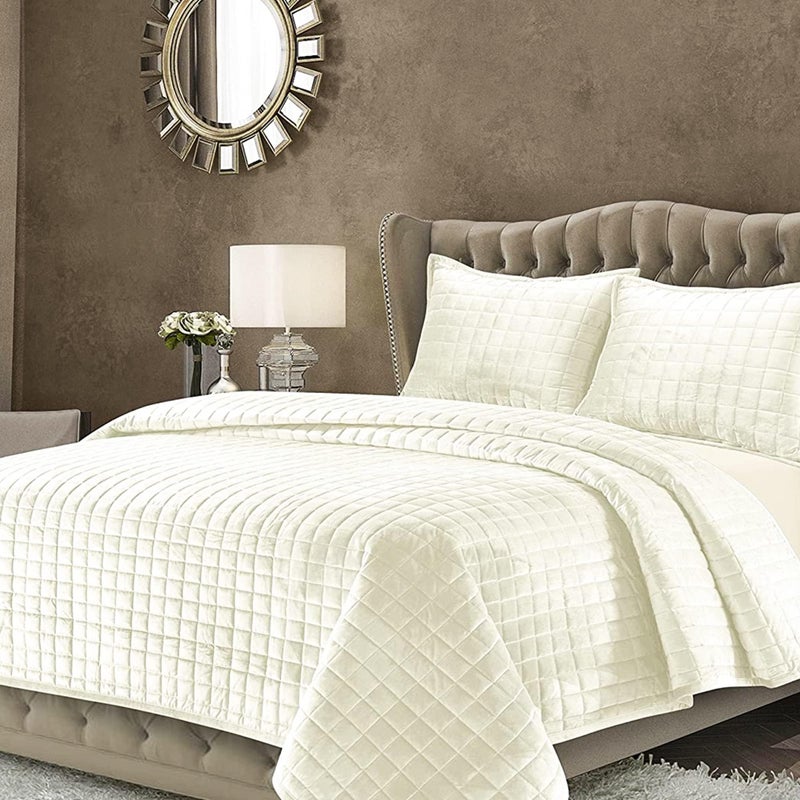 Tribeca Living Tribeca Living Luxury Velvet Quilt Set King Bedding Set 260 GSM Soft Velvet Oversized Comforter Set Florence Box Stitch Premium Bedspread Coverlet for All Season with 2 Pillow Shams Ivory 