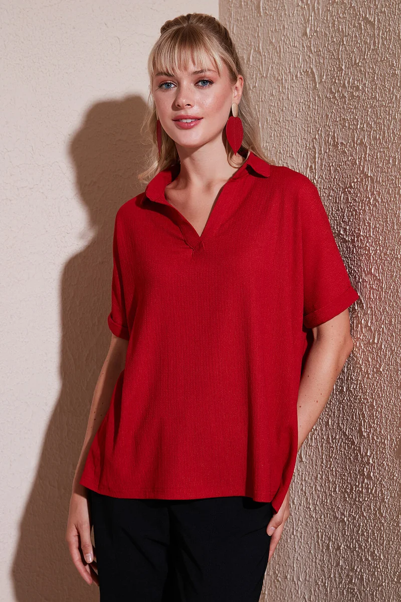 ليلا Polo Collar Short Sleeve Relaxed Fit Blouse Women's Blouse 66904862S4