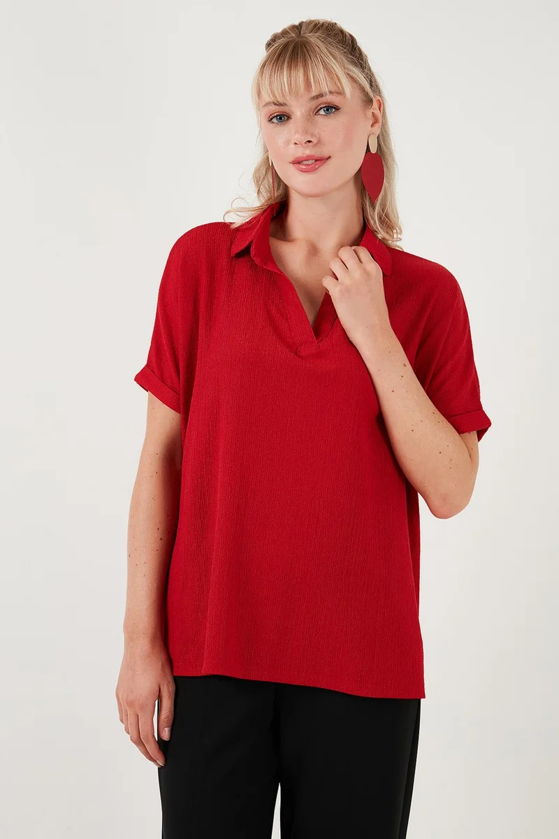 ليلا Polo Collar Short Sleeve Relaxed Fit Blouse Women's Blouse 66904862S4