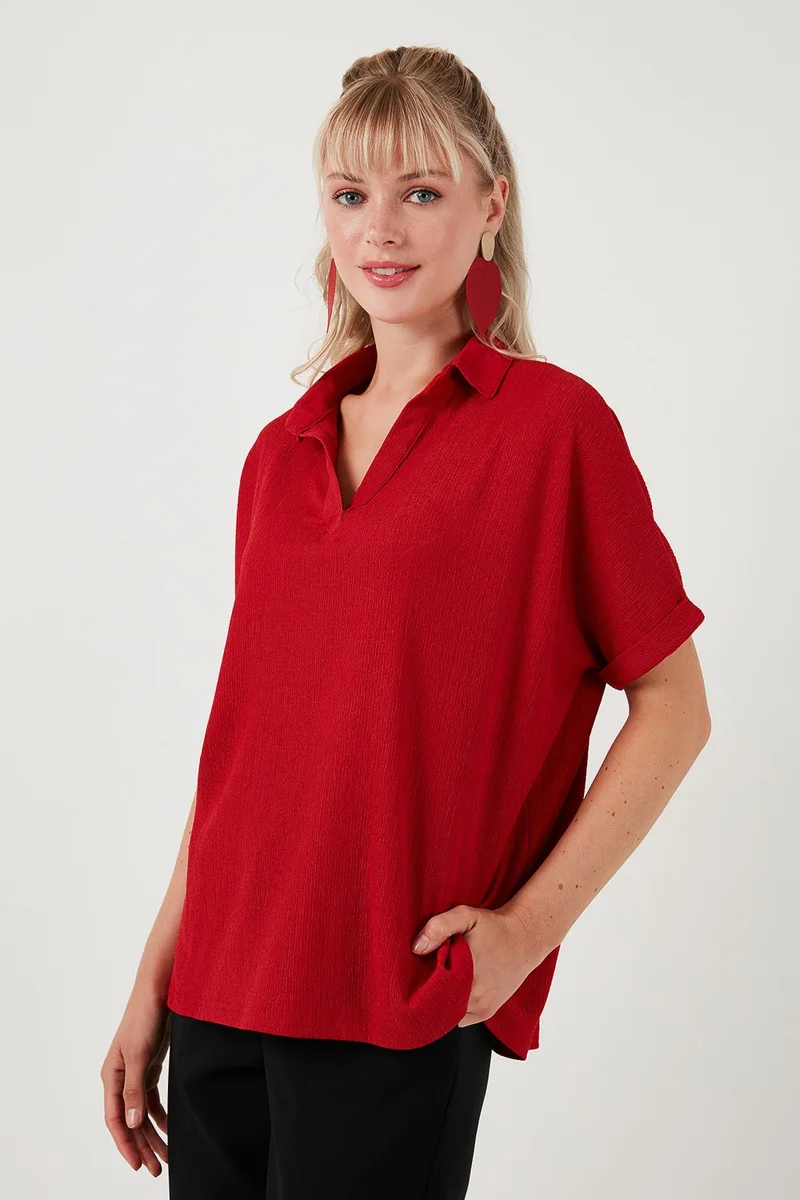 ليلا Polo Collar Short Sleeve Relaxed Fit Blouse Women's Blouse 66904862S4