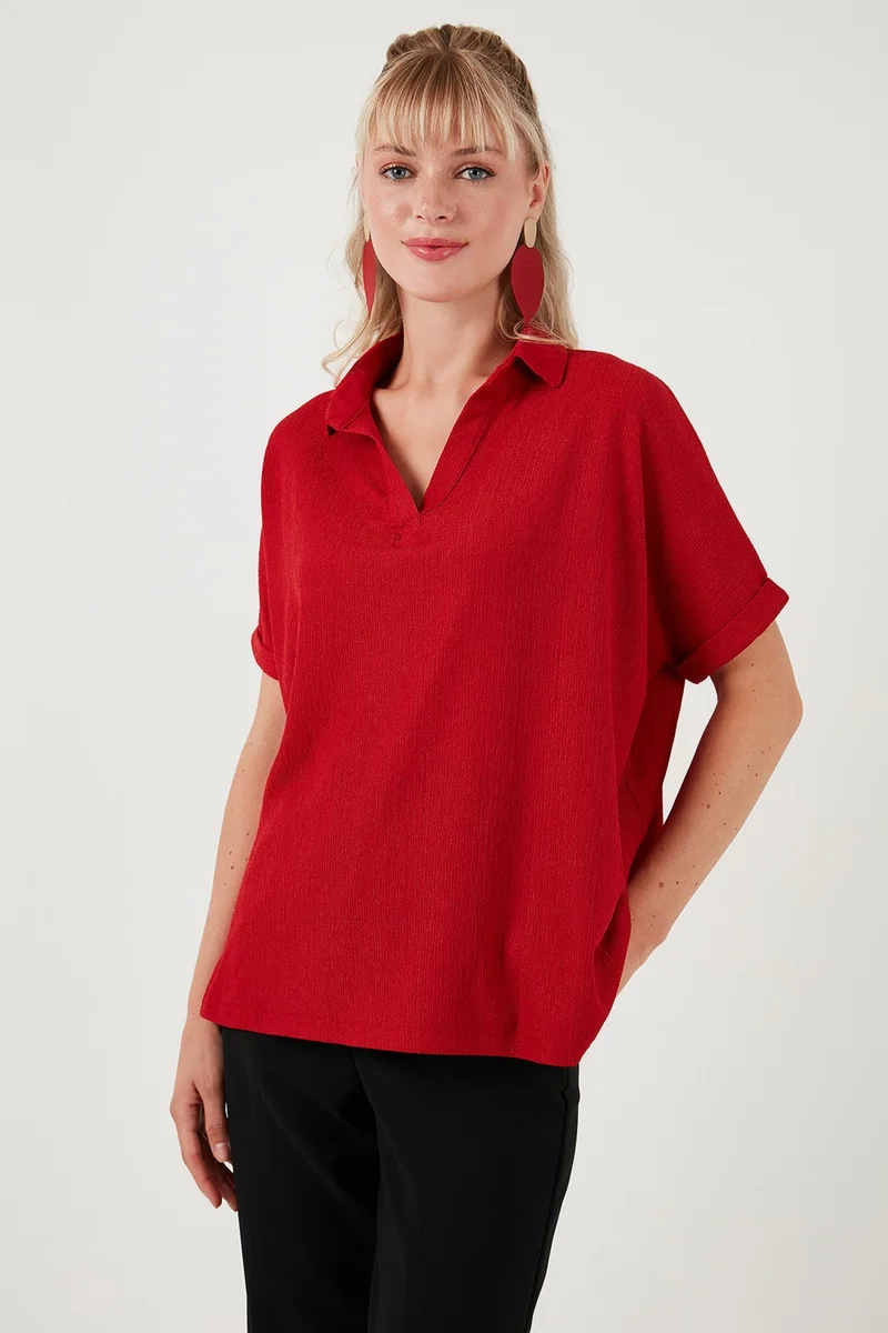 ليلا Polo Collar Short Sleeve Relaxed Fit Blouse Women's Blouse 66904862S4