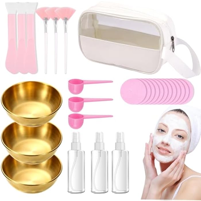 GRETJOB Face Mask Mixing Bowl Set, 28 Pcs Facial Mask Mixing Tool Kit with Facial Mask Bowl Stick Spatula Silicone Brush Spray Bottle Puff Soaking Bottle - Image 1