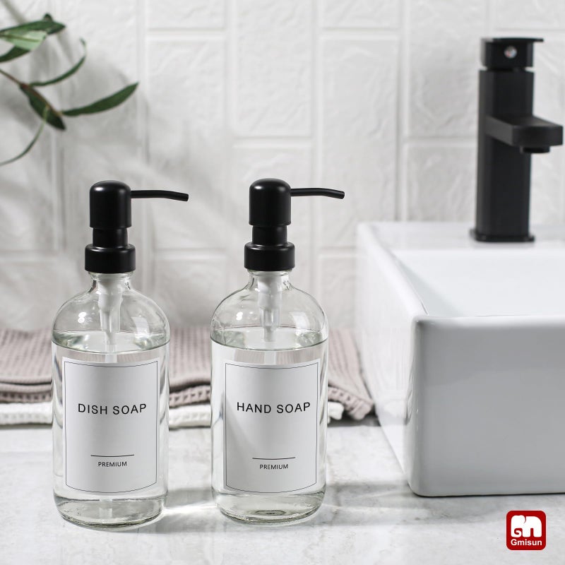 GMISUN Glass Soap Dispenser with Pump, 2 Pack Clear Bathroom Hand Soap Dispenser with Stainless Steel Pump, 17 Fl Oz Refillable Kitchen Hand and Dish Soap Dispensers Set, Modern Liquid Pump Bottles - Image 4