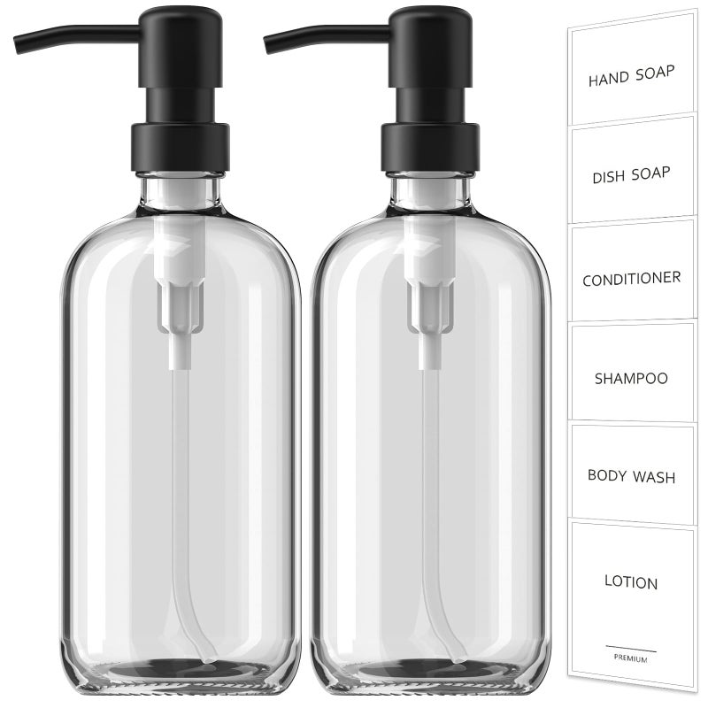 GMISUN Glass Soap Dispenser with Pump, 2 Pack Clear Bathroom Hand Soap Dispenser with Stainless Steel Pump, 17 Fl Oz Refillable Kitchen Hand and Dish Soap Dispensers Set, Modern Liquid Pump Bottles - Image 1