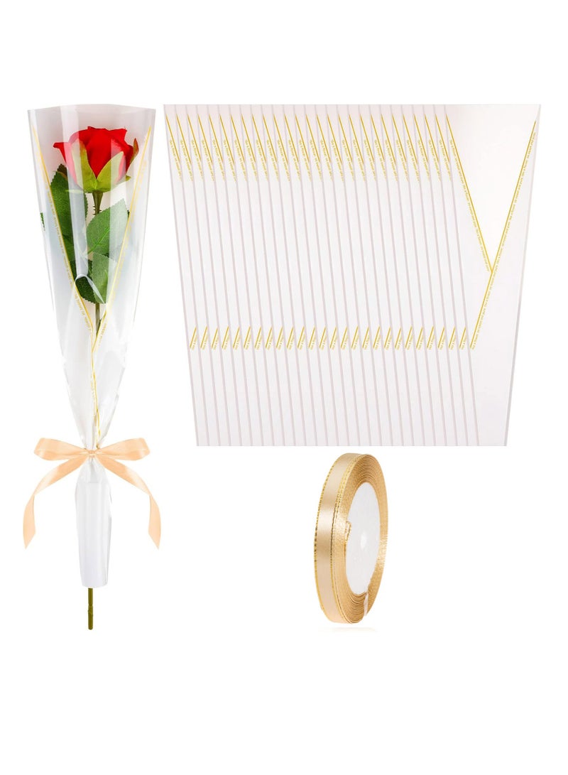 100 قطعة أكمام الزهور الفردية، أكياس تغليف الورد المقاومة للماء مع أربطة ليوم الأم، الزفاف، عيد الميلاد، لوازم بائع الزهور - Image 1