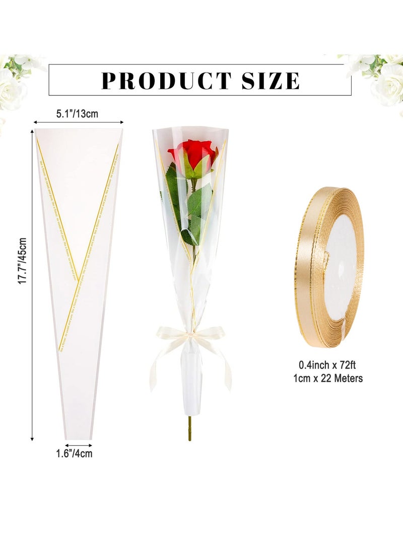 100 قطعة أكمام الزهور الفردية، أكياس تغليف الورد المقاومة للماء مع أربطة ليوم الأم، الزفاف، عيد الميلاد، لوازم بائع الزهور - Image 2