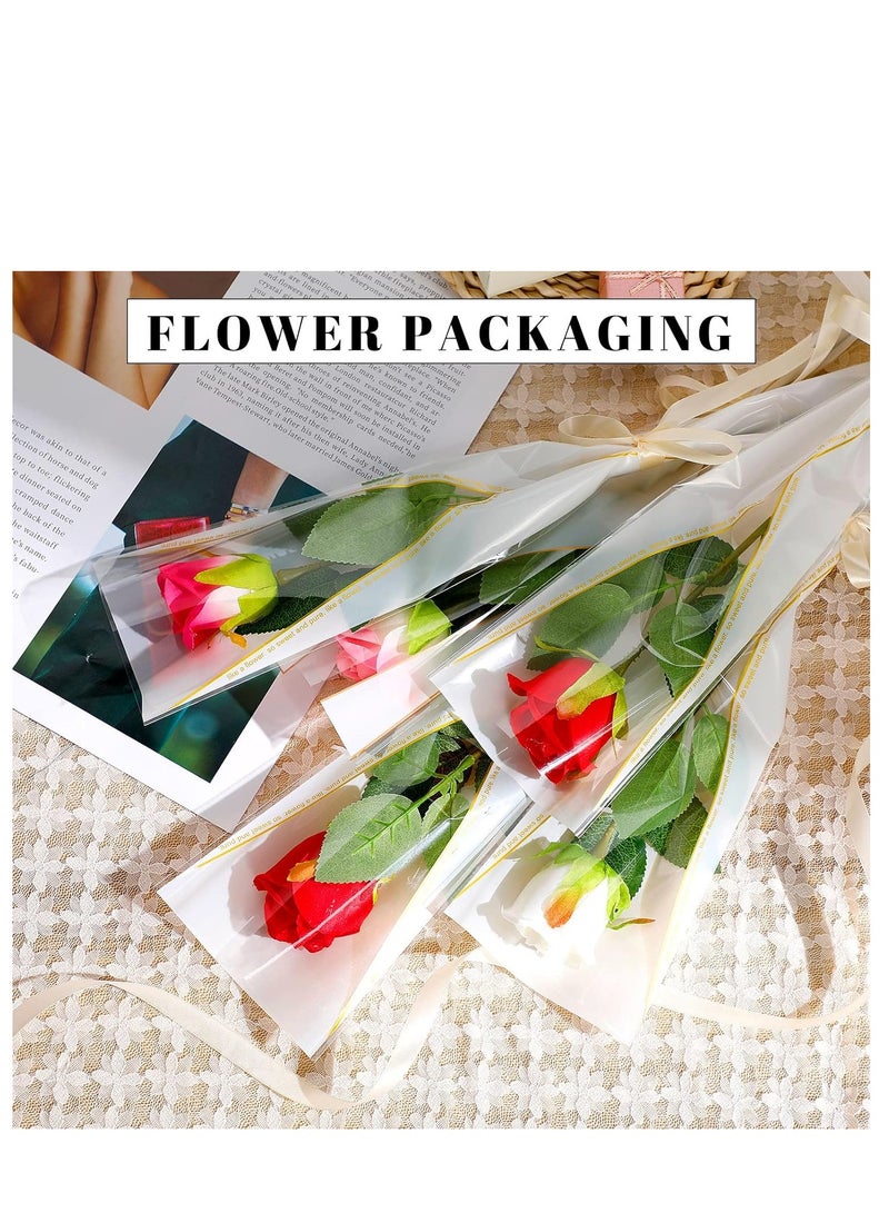 100 قطعة أكمام الزهور الفردية، أكياس تغليف الورد المقاومة للماء مع أربطة ليوم الأم، الزفاف، عيد الميلاد، لوازم بائع الزهور - Image 4