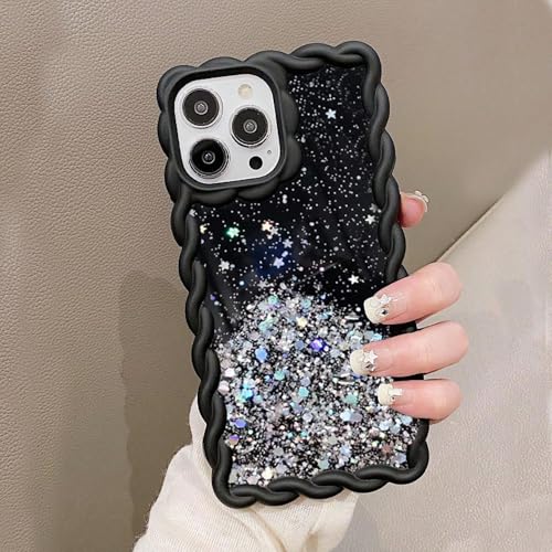 KC Back Cover for Samsung Galaxy A55 5G - Cream Wave Dry Fixed Starry Glitter Silicone Soft Shockproof Bumper Case with Camera Protection (Black) - Image 3