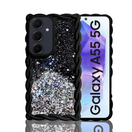 KC Back Cover for Samsung Galaxy A55 5G - Cream Wave Dry Fixed Starry Glitter Silicone Soft Shockproof Bumper Case with Camera Protection (Black) - Image 1