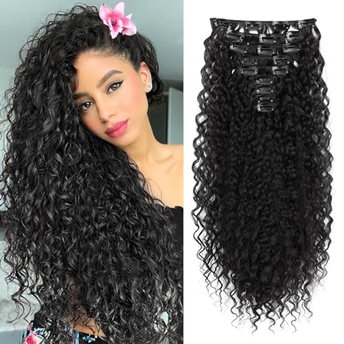 FLUFYMOOZ 9PCS Clip in Hair Extensions 22 Inch Curly Hair Extension Long Soft Synthetic Hairpieces for Women (Black) - Image 1