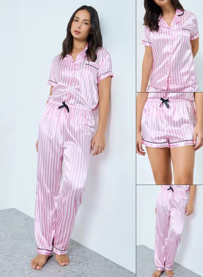 تايك تو مجموعة من 3 قطع شورت وبنطال وبلوزة بأزرار ونمط مخطط