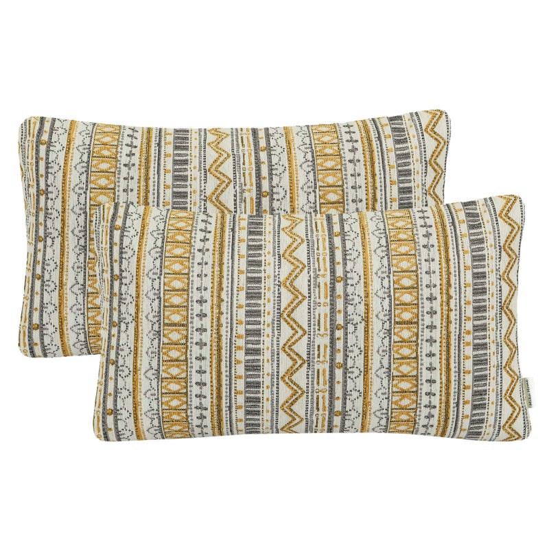 Mika Home Pack of 2 Rectangle Decorative Pillow Cases Throw Pillow Covers for Home Decoration  Bohemian Striped Geometric Pattern  12x20 Inches  Gold Grey Cream