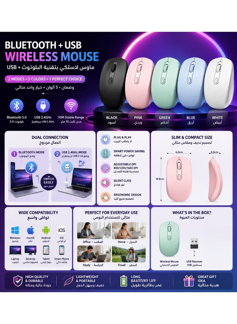Dual Mode Rechargeable Bluetooth Wireless Mouse, Adjustable DPI Sensitivity, Silent Click Buttons, Lightweight Compact Portable, Type-C Fast Charging, 5 Colors Available, Compatible with Tablet Laptop Phone Desktop Windows iOS  Android - Image 3