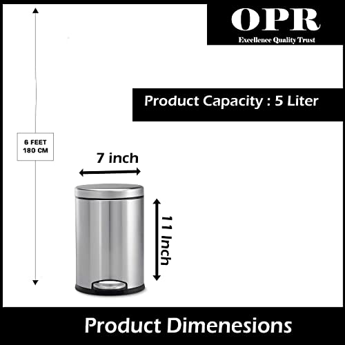 OPR Stainless Steel 5 Litre Plain Pedal Dustbin With Plastic Bucket And Lid | Trash Can, Round Shape Steel Dustbin For Home, Bathroom, Kitchen, Office, Bedroom (5 Litres- 7 * 11 Inches)(small size) - Image 4