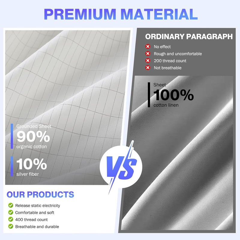 OneAmg Grounding Sheets Queen Size, Grounded Fitted Bed Sheet 10% Pure Silver Fiber + 90% Organic Cotton Bed Grounding Kit with grounding Cord for Improved Sleep & Wellness (White,80"x60"x15") - Image 3