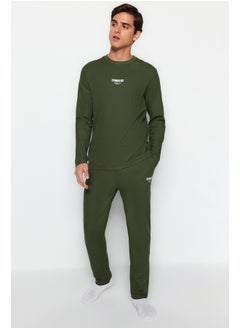 Men's Khaki Regular Fit Printed Waffle Knitted Pajamas Set.