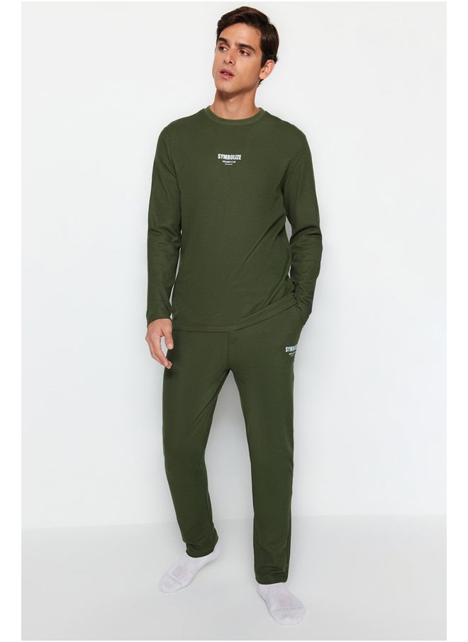 trendyol - Men's Khaki Regular Fit Printed Waffle Knitted Pajamas Set. - Image 1