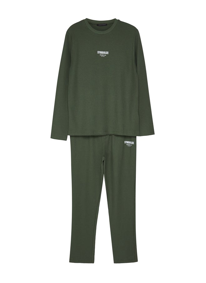 trendyol - Men's Khaki Regular Fit Printed Waffle Knitted Pajamas Set. - Image 1