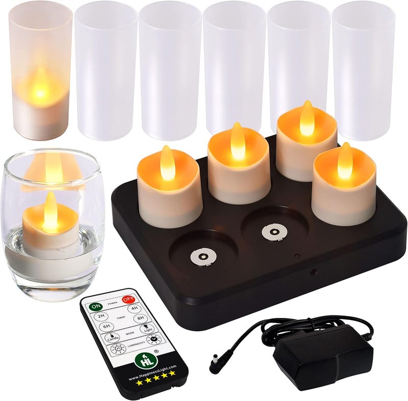 HL Flameless Candles with Remote Timer, 100+Hours Rechargeable Waterproof Battery Operated Tea Lights with Charging Base, Yellow LED Votive Floating Candles for Festival Wedding Home Party Decor-6pcs - Image 1