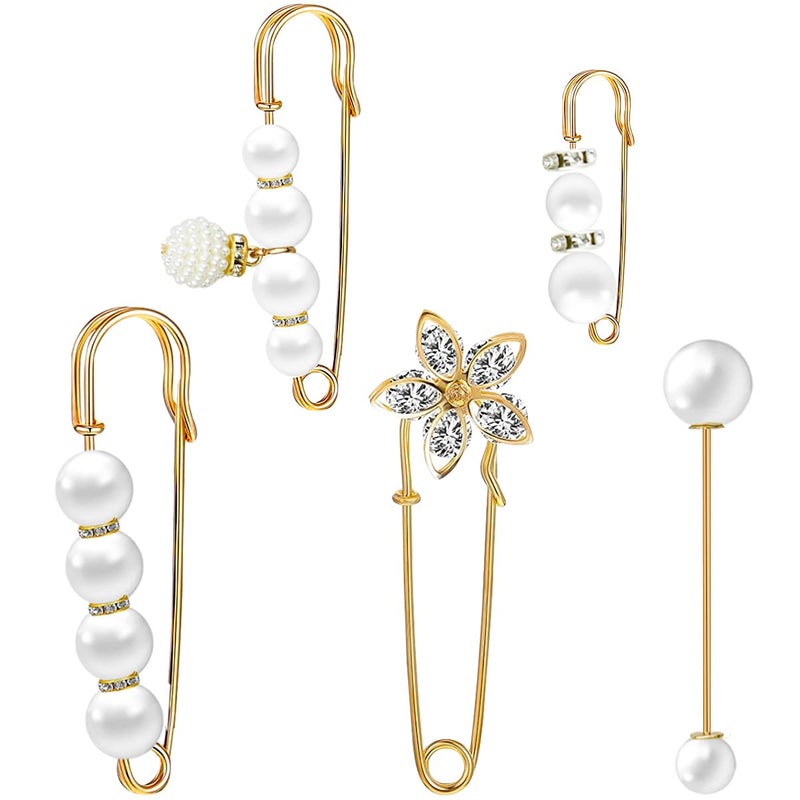 yuntop 5 Pieces Pearl Brooch Safety Pins for Clothes Safety Pin for Women Fashion Sweater Shawl Collar Dresses Cardigan Clips Faux Crystal Pearl Brooches Set for Girls Jewelry Decoration Accessories (Gold) - Image 1