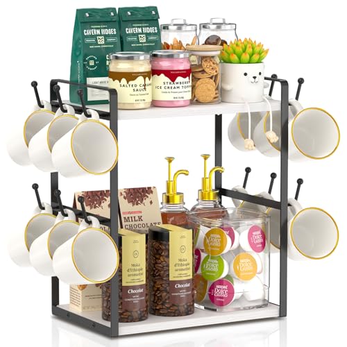 EsLuker.ly 2 Tier Coffee Mug Holder Station Bar Organizer Countertop, Mug Cup Tree Rack for Kitchen Office, Storage Shelf with 12 Hooks, Creat Stylish Coffee Corner, White-Black - Image 1