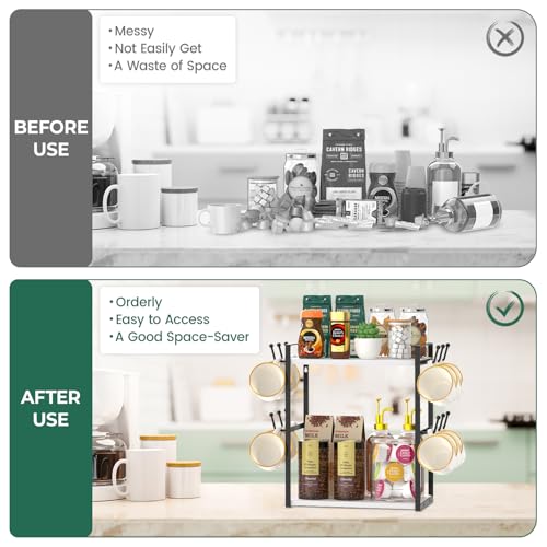 EsLuker.ly 2 Tier Coffee Mug Holder Station Bar Organizer Countertop, Mug Cup Tree Rack for Kitchen Office, Storage Shelf with 12 Hooks, Creat Stylish Coffee Corner, White-Black - Image 5