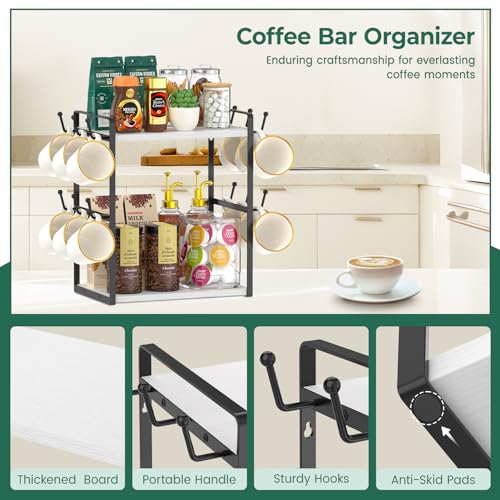 EsLuker.ly 2 Tier Coffee Mug Holder Station Bar Organizer Countertop, Mug Cup Tree Rack for Kitchen Office, Storage Shelf with 12 Hooks, Creat Stylish Coffee Corner, White-Black - Image 3