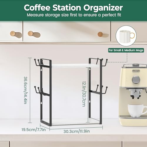EsLuker.ly 2 Tier Coffee Mug Holder Station Bar Organizer Countertop, Mug Cup Tree Rack for Kitchen Office, Storage Shelf with 12 Hooks, Creat Stylish Coffee Corner, White-Black - Image 2