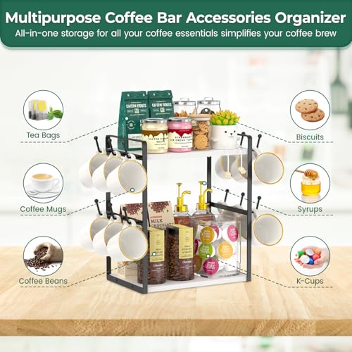EsLuker.ly 2 Tier Coffee Mug Holder Station Bar Organizer Countertop, Mug Cup Tree Rack for Kitchen Office, Storage Shelf with 12 Hooks, Creat Stylish Coffee Corner, White-Black - Image 4