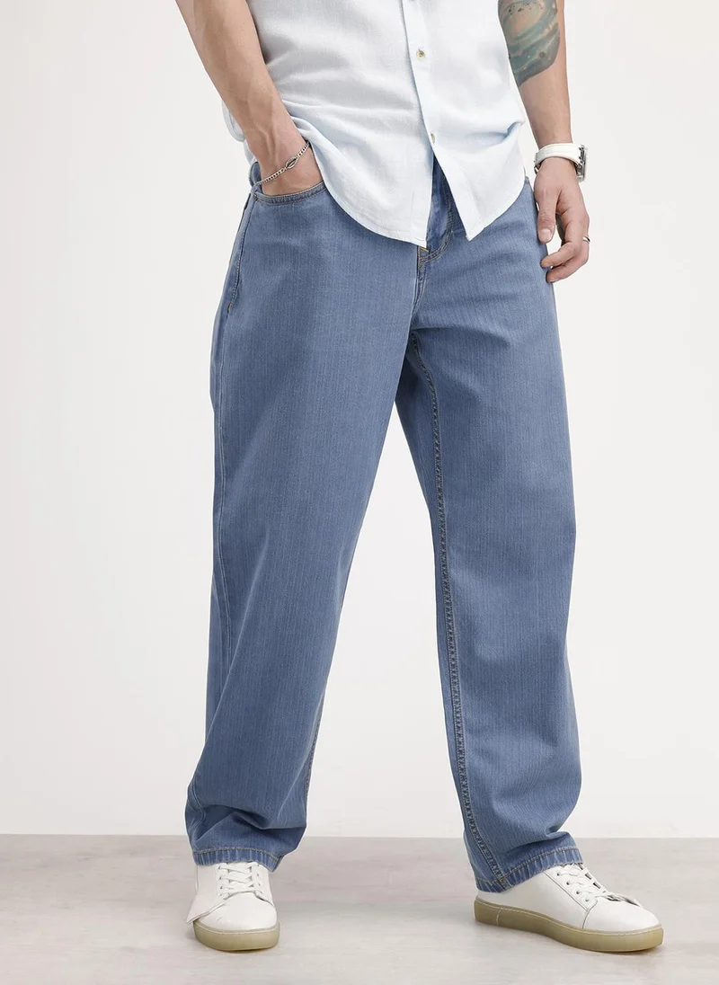 Loose Fit Textured Denim Jeans | Light Blue
