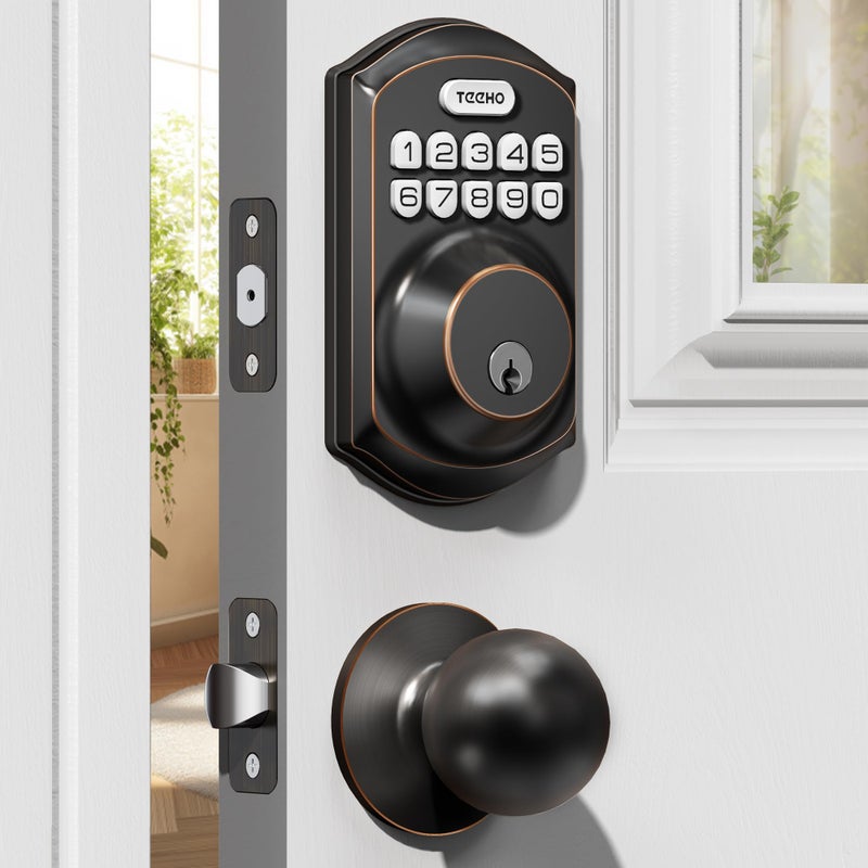 TEEHO TE001K Keyless Entry Door Lock with Handle, Electronic Keypad Deadbolt with 2 Knobs, High-Security Front Door Handle Set for Home & Rental, Smart Auto-Locking, Easy Install, Oil-Rubbed Bronze - Image 1