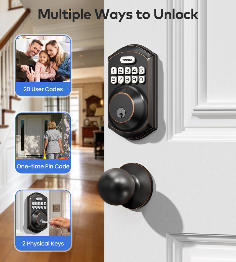 TEEHO TE001K Keyless Entry Door Lock with Handle, Electronic Keypad Deadbolt with 2 Knobs, High-Security Front Door Handle Set for Home & Rental, Smart Auto-Locking, Easy Install, Oil-Rubbed Bronze - Image 2