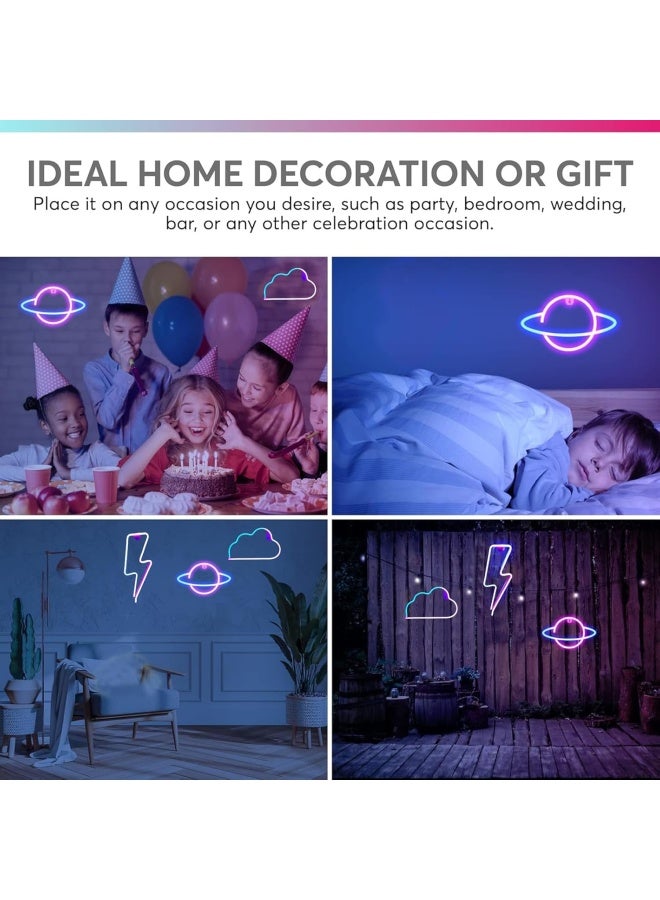 Nble  3 Pieces Neon Light Signs - Pink/Blue Lightning, Clouds, Planet Led Neon Sign Wall Decor Battery/Usb Operated Night Lights Signs For Bedroom, Kids Room, , Wedding, Birthday Party,Bar Decor  - Image 4