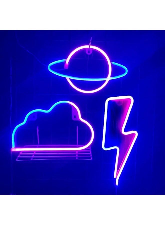 Nble  3 Pieces Neon Light Signs - Pink/Blue Lightning, Clouds, Planet Led Neon Sign Wall Decor Battery/Usb Operated Night Lights Signs For Bedroom, Kids Room, , Wedding, Birthday Party,Bar Decor  - Image 1