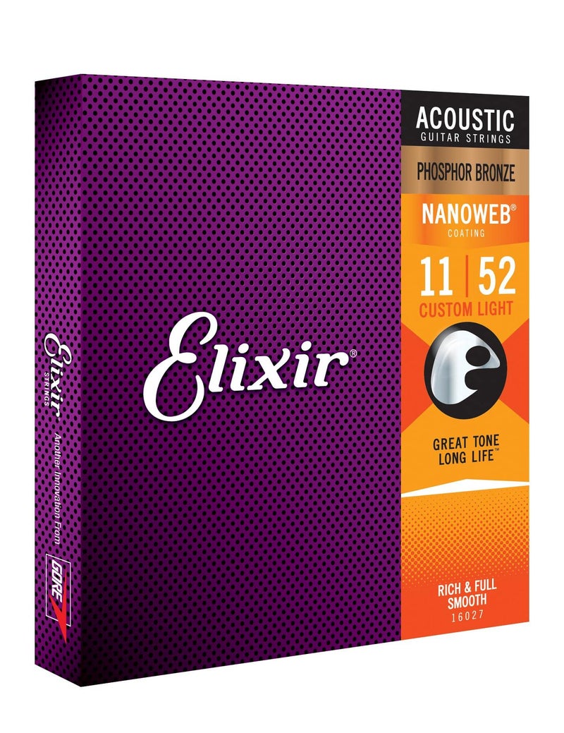 Elixir Phosphor Bronze Nanoweb 16027 Custom Light 11-52 Acoustic Guitar Strings 3-Pack w/Bonus Elixir Pick - Image 1