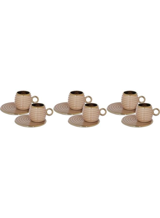 السيف  طقم فناجين قهوة وصحون من البورسلين 12 قطعة، بني ذهبي - Image 1
