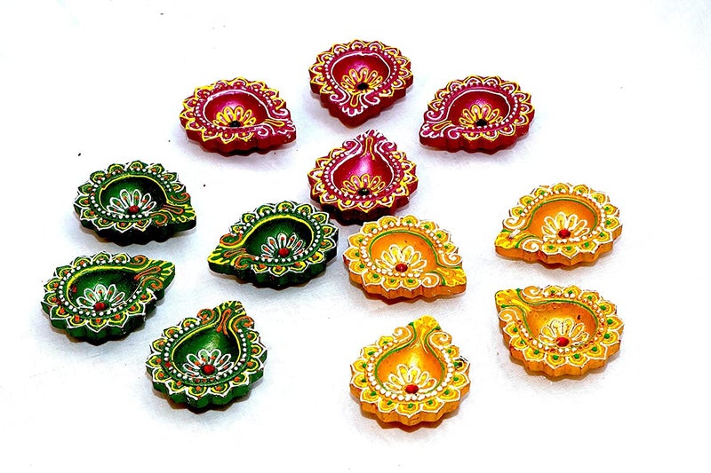SHRIYAM Craft Clay 12 Diyas Diya Deepak Earthen Assorted Colorful Set - Diwali Decoration Puja - Handpainted Diya for Home Indoor Outdoor Diwali Design Handmade Mix Color (Set of 12) - Image 2