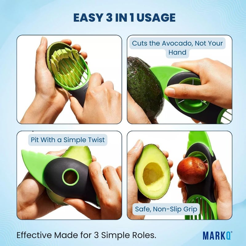 MARKQ 3-in-1 Avocado Slicer - Avocado Cutter Tool, Seed Remover, Multifunctional Fruit Peeler and Slicer, Kitchen Gadget for Avocado, Kiwi, Dragon Fruit - Green - Image 2