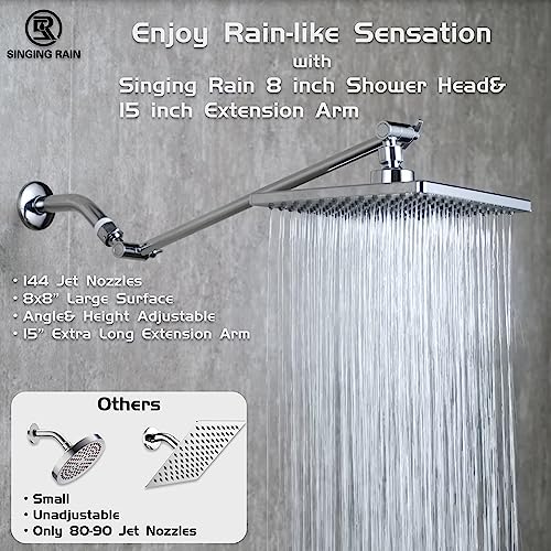 Singing Rain Rain Shower Head, 8'' High Pressure Rainfall Square Showerhead with 15'' Shower Head Extension Arm, Brass Adjustable Shower Arm Extender, Rainfall Waterfall Fixed Showerheads, Chrome - Image 3