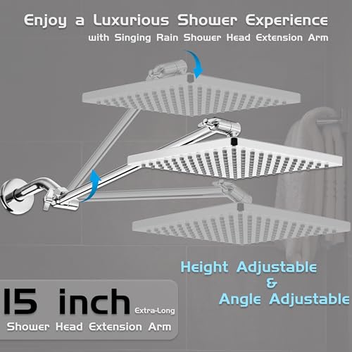 Singing Rain Rain Shower Head, 8'' High Pressure Rainfall Square Showerhead with 15'' Shower Head Extension Arm, Brass Adjustable Shower Arm Extender, Rainfall Waterfall Fixed Showerheads, Chrome - Image 5